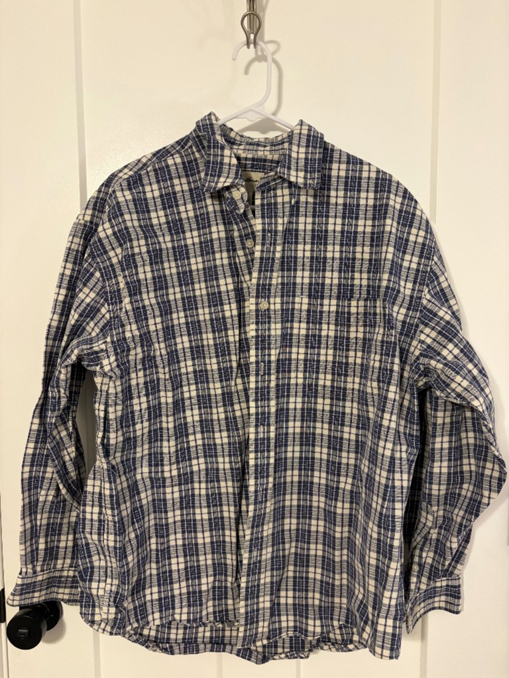 Vtg Eddie Bauer 90s Heavy Cotton Button Down Shirt Blue Plaid Mens 100% Cotton L